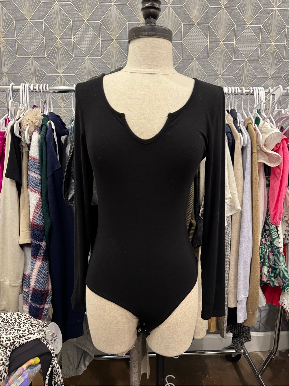 ReoRia Black Long-Sleeve Notch-Neck Bodysuit
